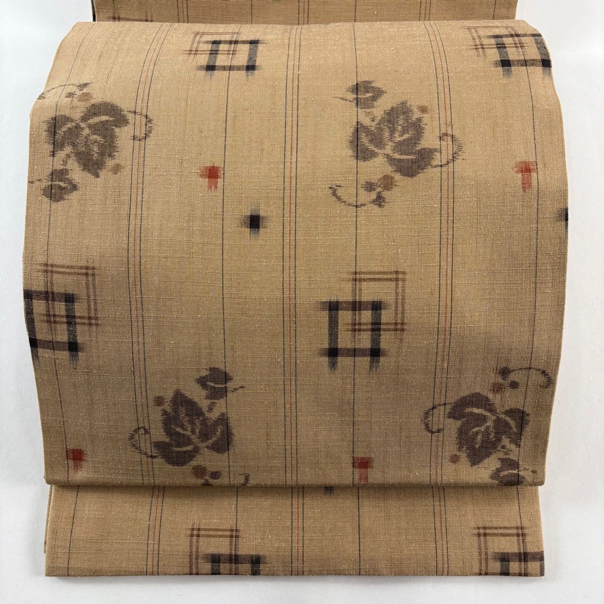 袋帯 秀品 紬地 葉と実 幾何学模様 薄茶色 全通 正絹