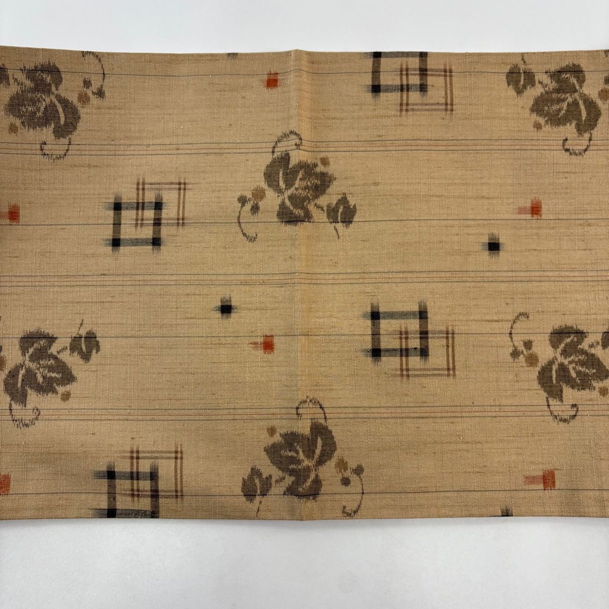  袋帯 秀品 紬地 葉と実 幾何学模様 薄茶色 全通 正絹 袋帯 帯