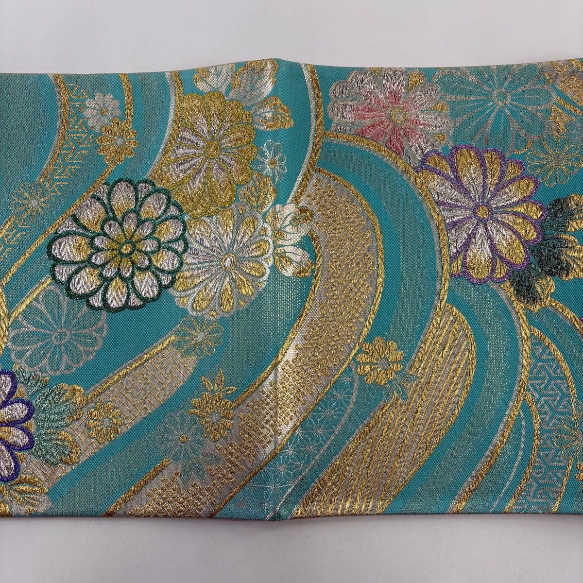 美品】 袋帯 秀品 菊 波 金銀糸 箔 青緑 六通 正絹 【中古】 - メルカリ