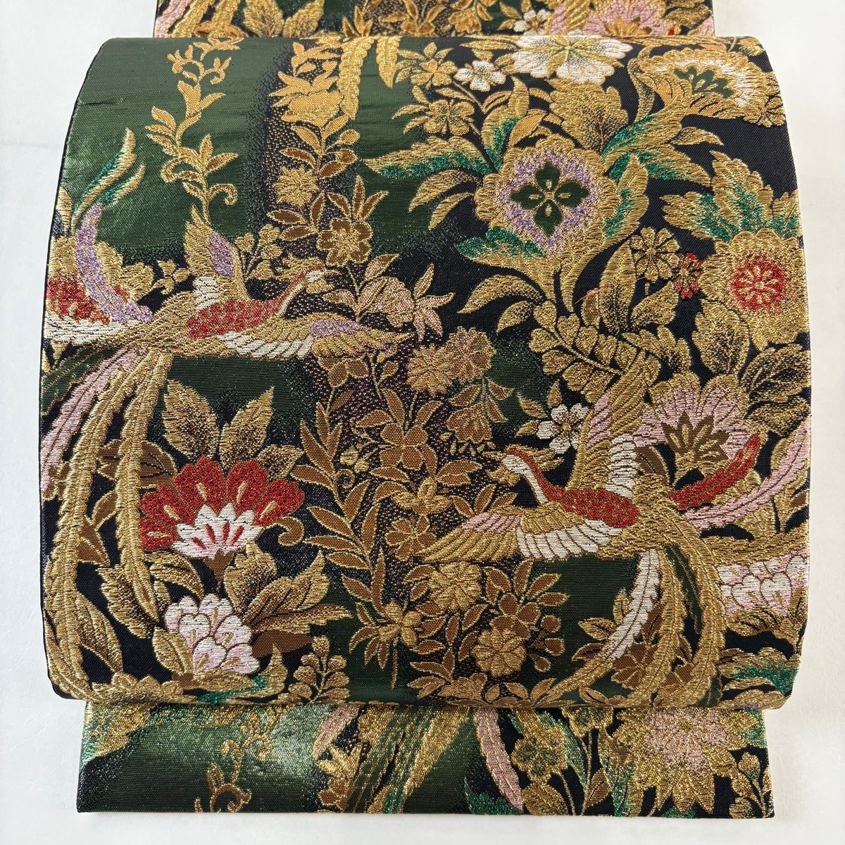 【美品】 袋帯 秀品 草花 鳥 箔 金糸 灰緑 六通 正絹 【】