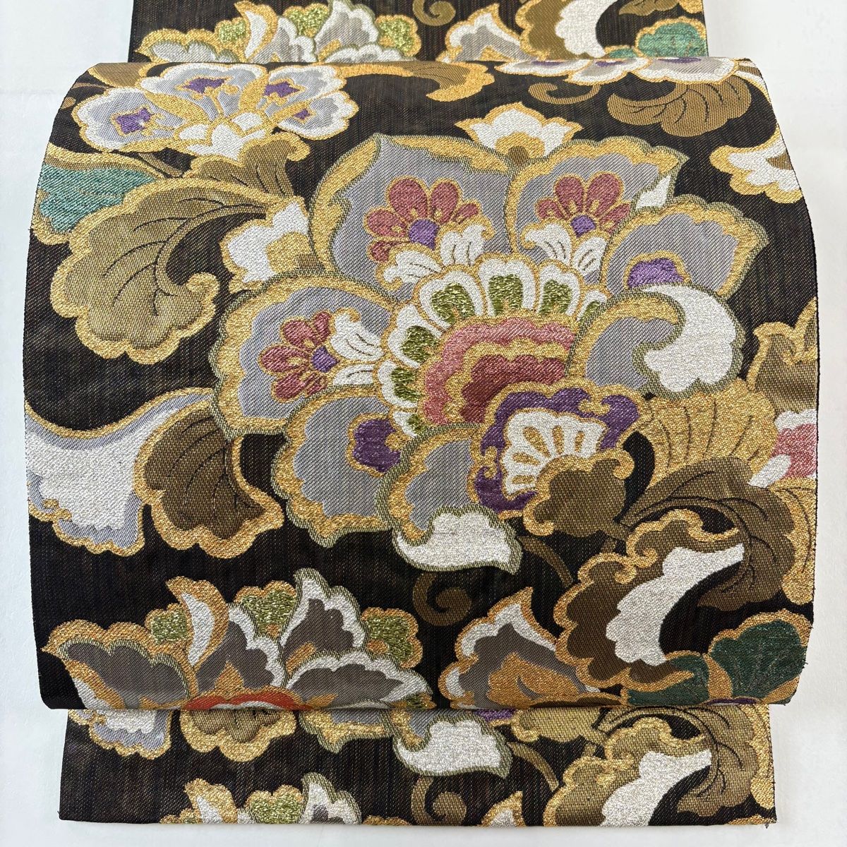 【美品】 袋帯 秀品 草花 箔 金糸 焦茶色 六通 正絹 【】