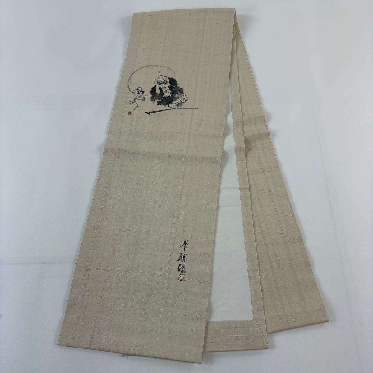 開き名古屋帯 秀品 落款 紬地 人物 鳥 ベージュ 正絹 【中古】 - メルカリ