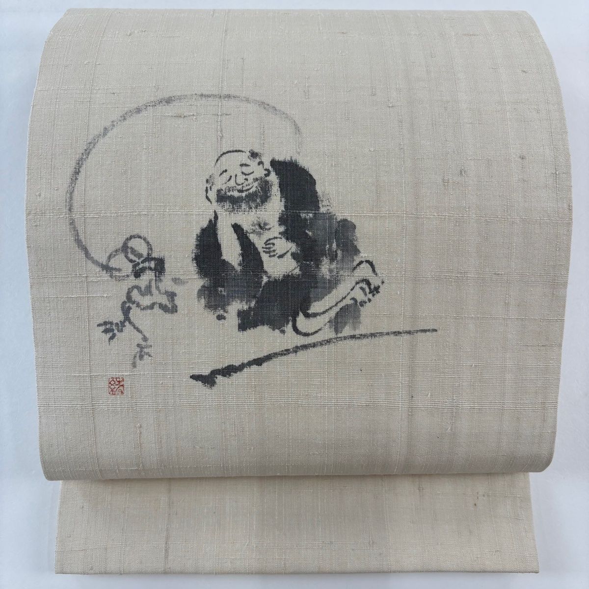 開き名古屋帯 秀品 落款 紬地 人物 鳥 ベージュ 正絹 【中古】 - メルカリ