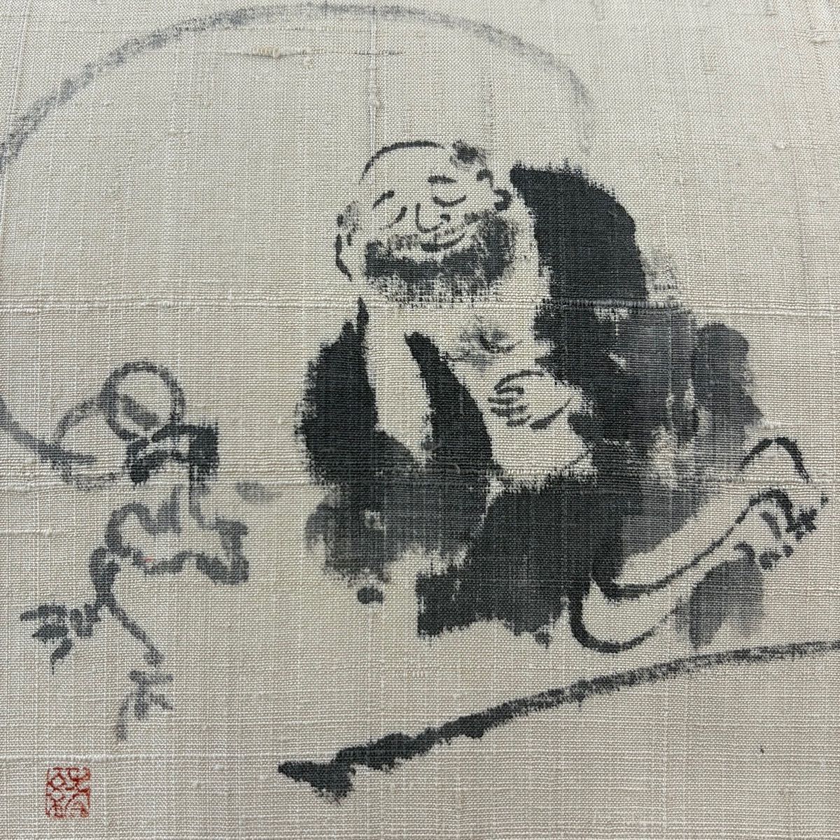 開き名古屋帯 秀品 落款 紬地 人物 鳥 ベージュ 正絹 【中古】 - メルカリ