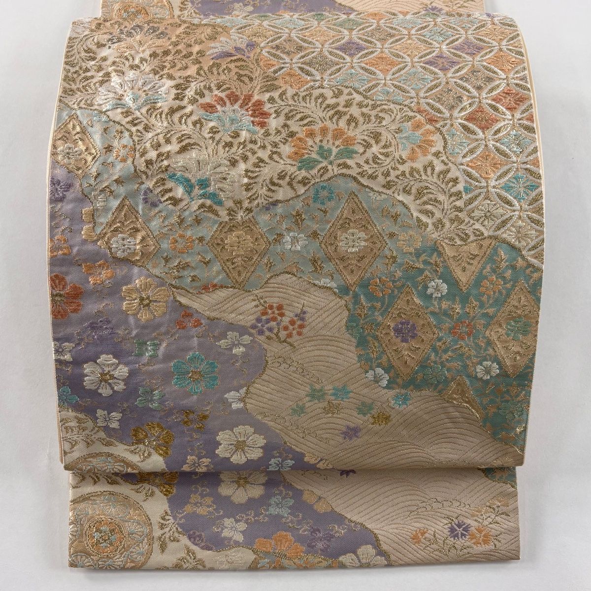 袋帯 美品 秀品 草花 刺繍 金銀糸 ベージュ 六通 正絹 【中古】 六通
