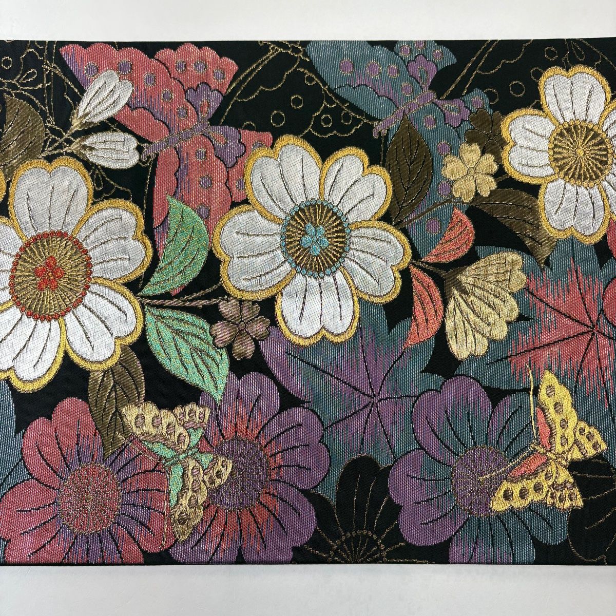 美品】 袋帯 秀品 振袖向き 桜 蝶 金銀糸 箔 黒 六通 正絹 【中古