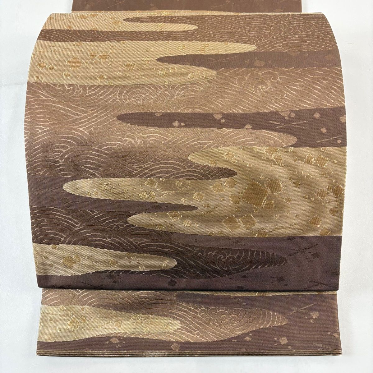 袋帯 秀品 川島織物 落款 関西仕立て 霞 波 金糸 箔 焦茶色 六通 正絹