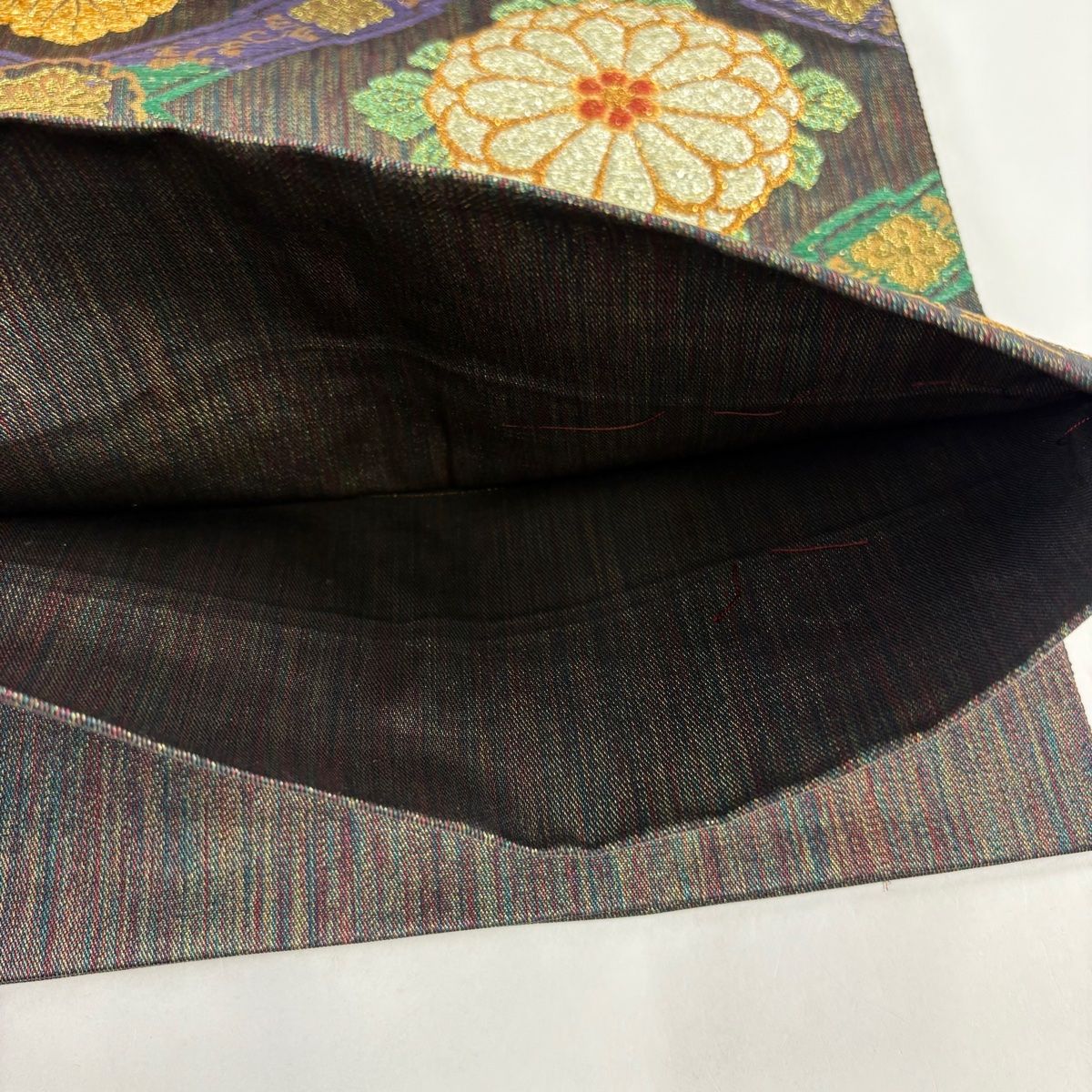正絹　六通袋帯【菱文様】 美品】 袋帯 秀品 正倉院菱取菊桐文 箔 墨色 六通 正絹 【中古