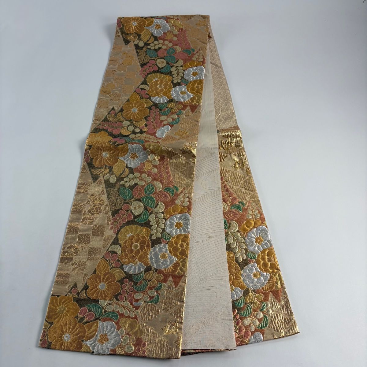 袋帯 秀品 振袖向き 辻が花柄 松皮菱 箔 金銀糸 金色 六通 正絹 【中古
