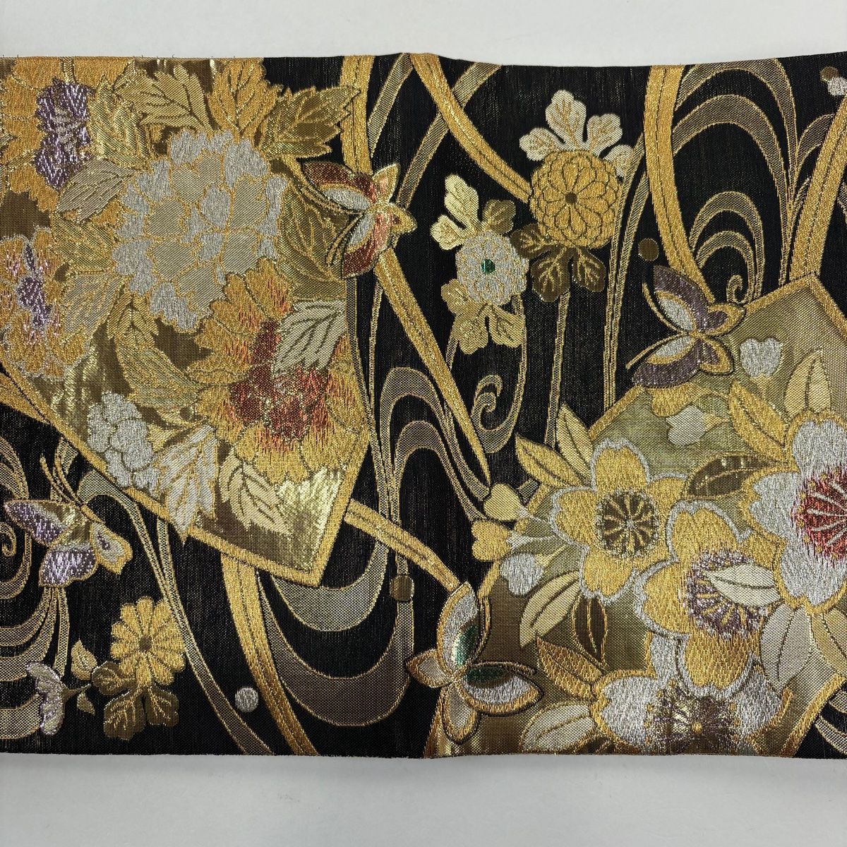 袋帯 秀品 牡丹 蝶 金銀糸 箔 黒 六通 正絹 【中古】 - メルカリ