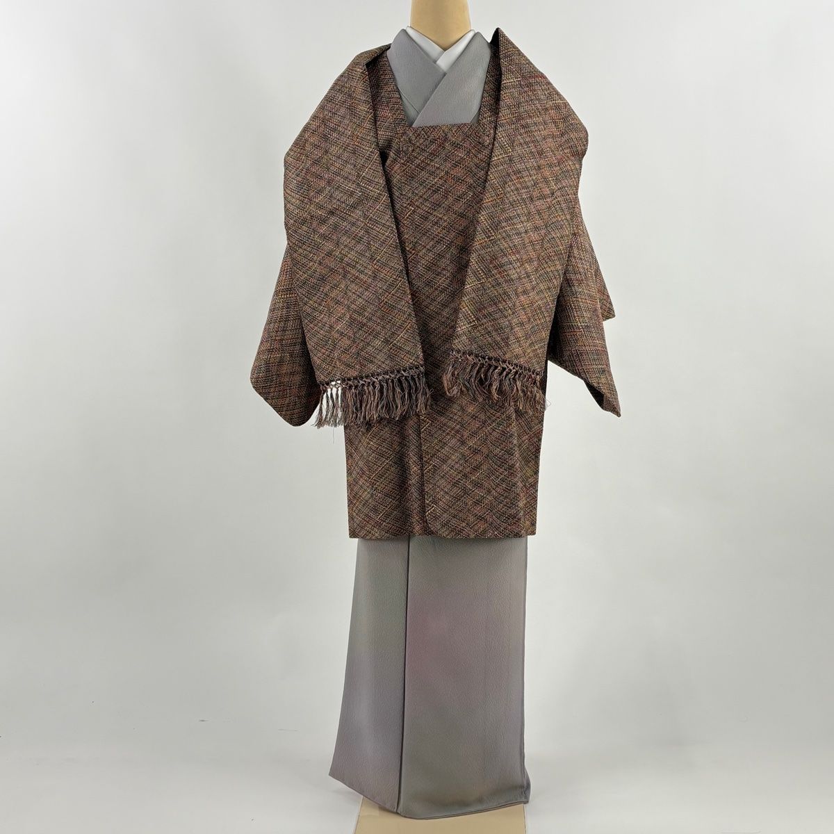 道行 身丈89 cm 裄丈62 S 和装コート 角衿 ストール付き 幾何学 茶色 正絹 秀品