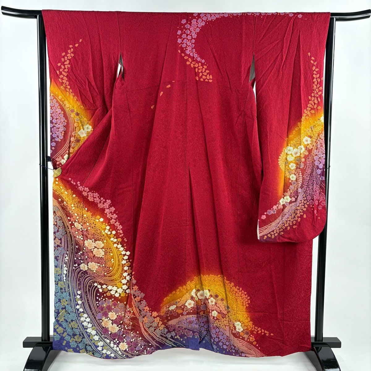 振袖 身丈160.5cm 裄丈63cm S 袷 桜 流水 金通し 絞り 赤 正絹 秀品 【】