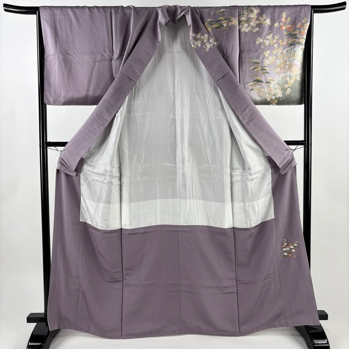 美品】 訪問着 身丈164.5cm 裄丈65cm M 袷 桜 松 金彩 ぼかし 紫 正絹