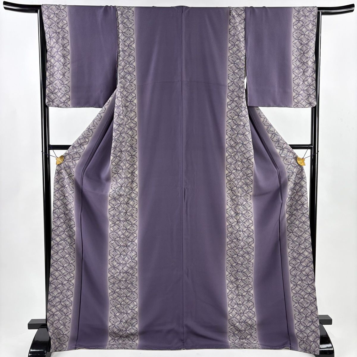 小紋 身丈173.5cm 裄丈65cm M 袷 七宝 縞 紫 正絹 秀品 【中古