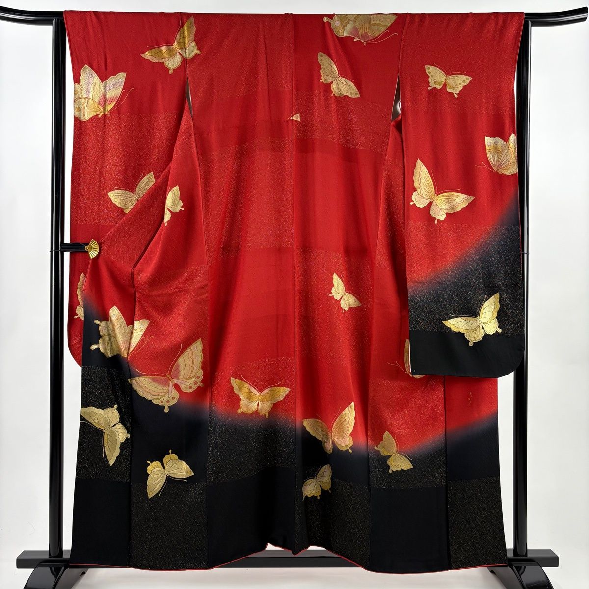 振袖 身丈158 cm 裄丈65 M 袷 森英恵 落款 蝶 金通し 金銀彩 赤 正絹 秀品