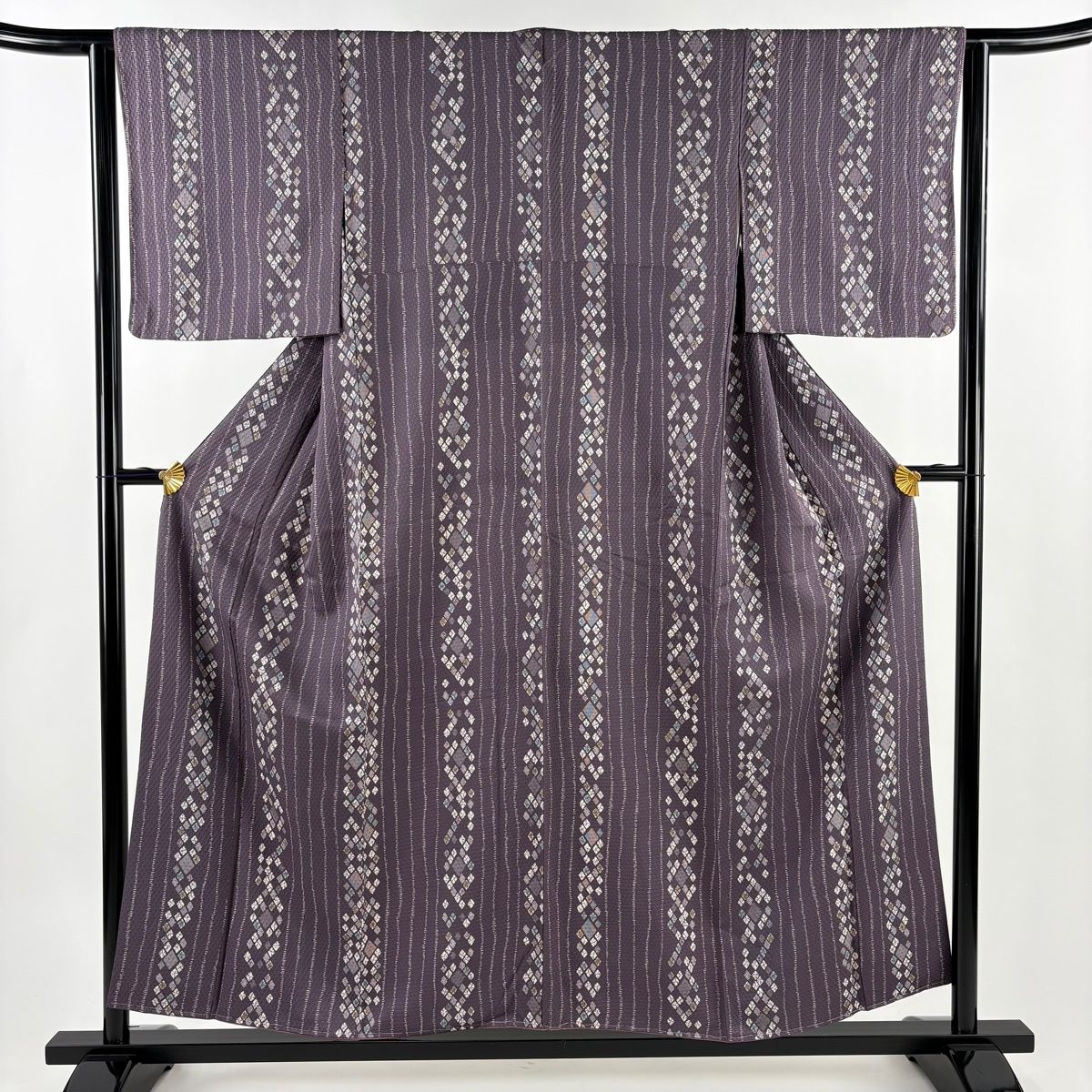 美品】 小紋 身丈155.5cm 裄丈64cm M 袷 幾何学模様 縦縞 紫 正絹 秀品