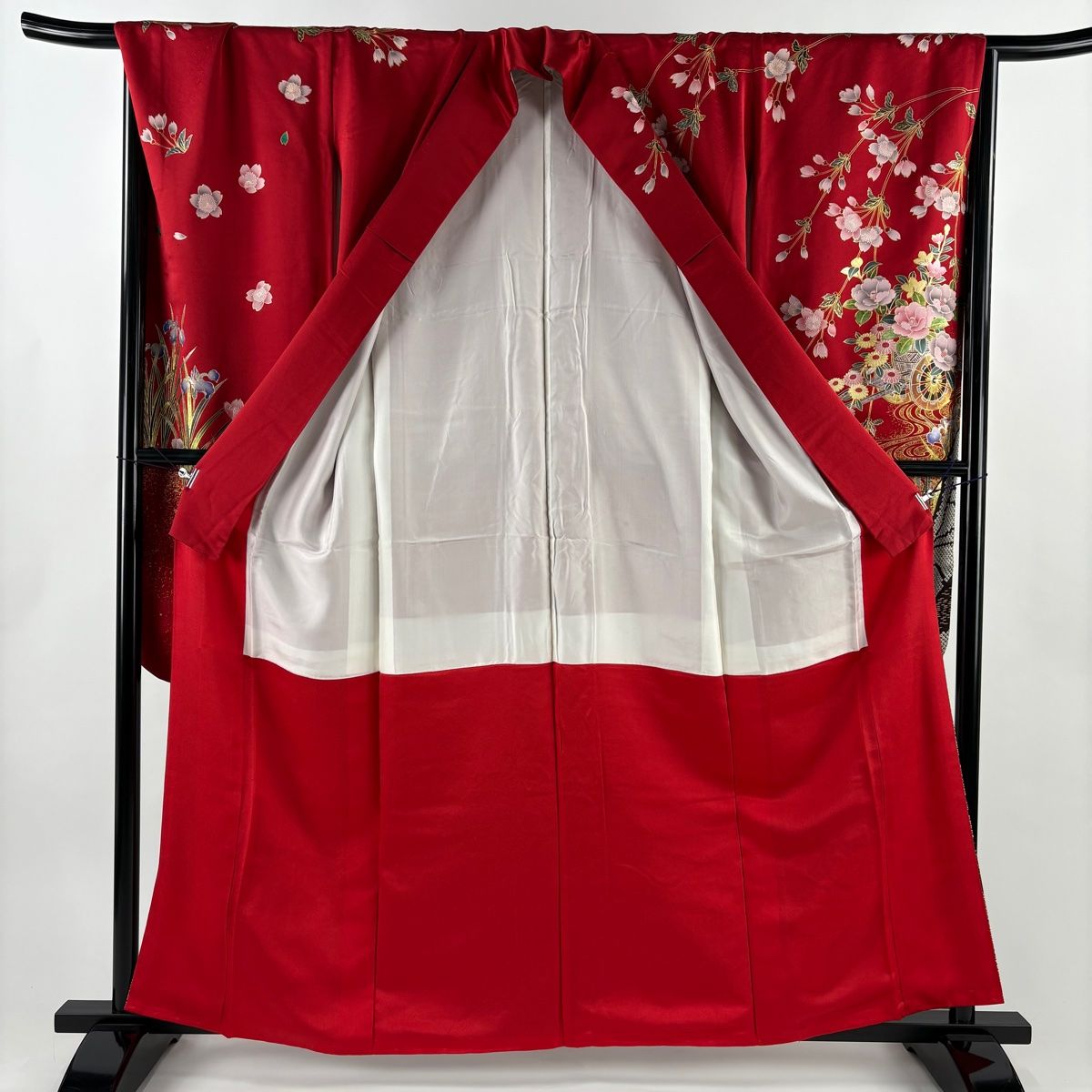 振袖 身丈161cm 裄丈68cm L 袷 花車 流水 金銀彩 赤 正絹 秀品 【】