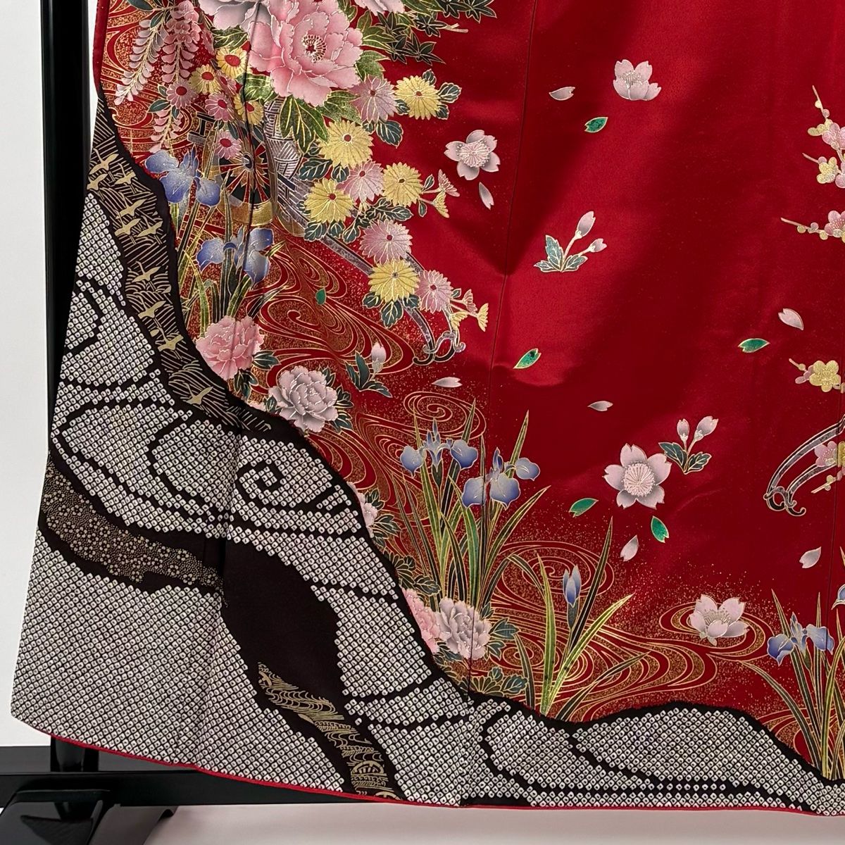 振袖 身丈161 cm 裄丈68 L 袷 花車 流水 金銀彩 赤 正絹 秀品