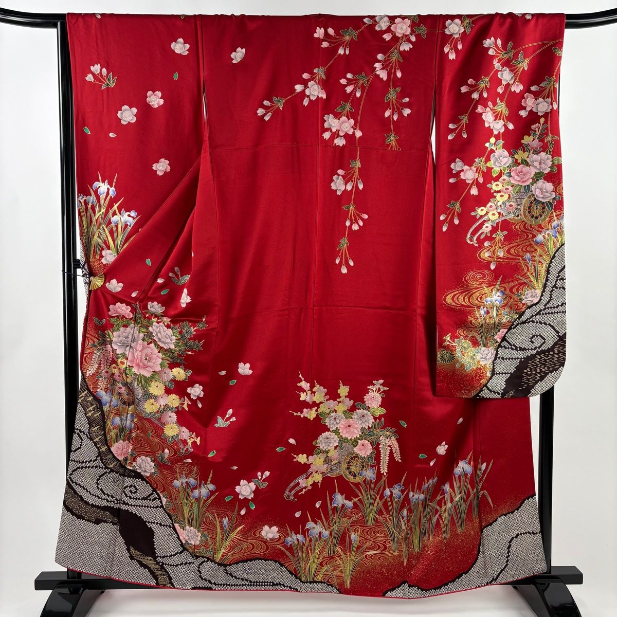 振袖 身丈161 cm 裄丈68 L 袷 花車 流水 金銀彩 赤 正絹 秀品