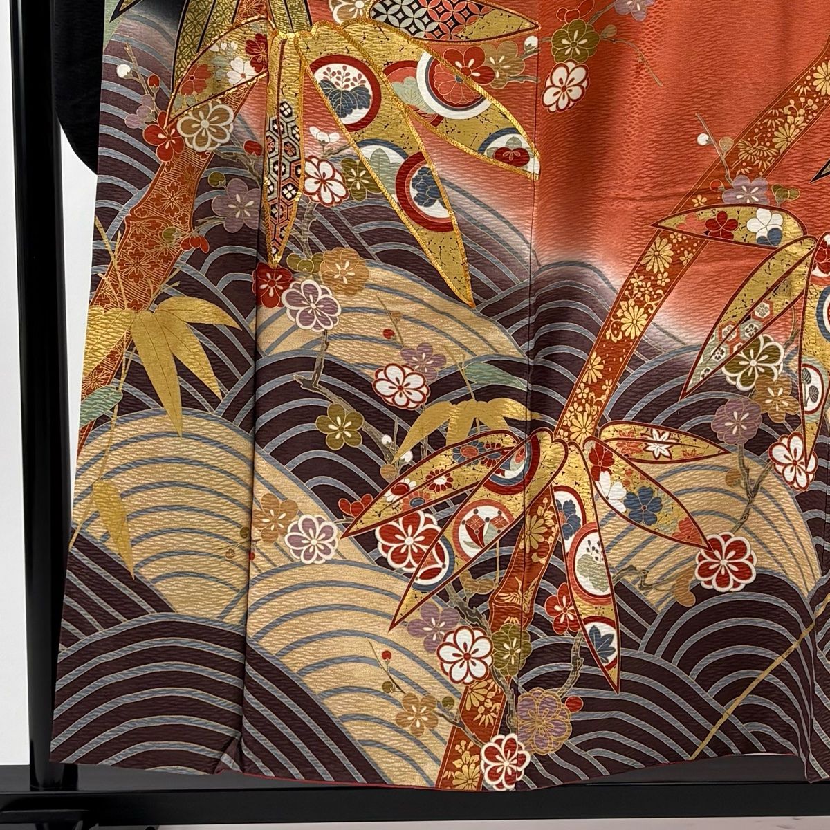 振袖 身丈155.5 cm 裄丈64 M 袷 竹 波 金糸 金彩 黒 正絹 秀品