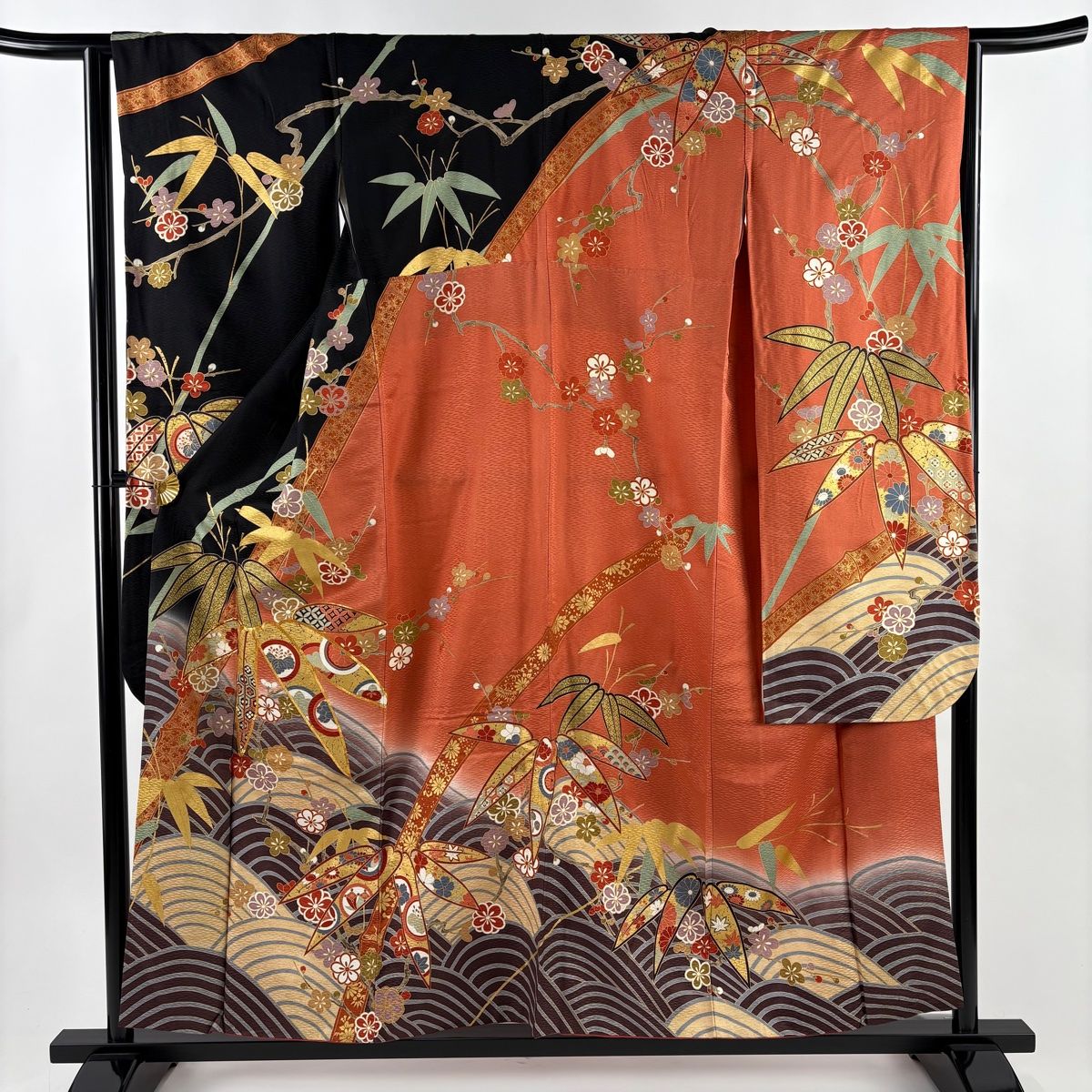 振袖 身丈155 5 cm 裄丈64 M 袷 竹 波 金糸 金彩 黒 正絹 秀品