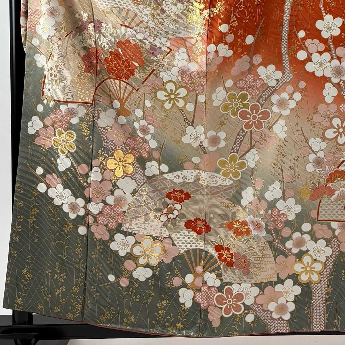 振袖 身丈160.5 cm 裄丈65.5 M 袷 花扇 梅 金彩 ぼかし 赤茶 正絹 秀品