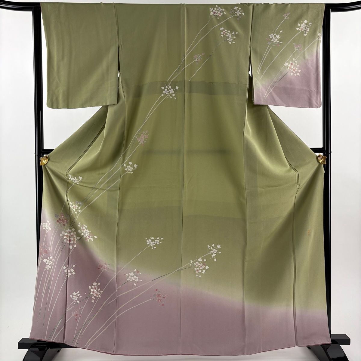 訪問着 身丈164.5cm 裄丈64cm M 袷 落款 草花 金彩 ぼかし 灰緑 正絹