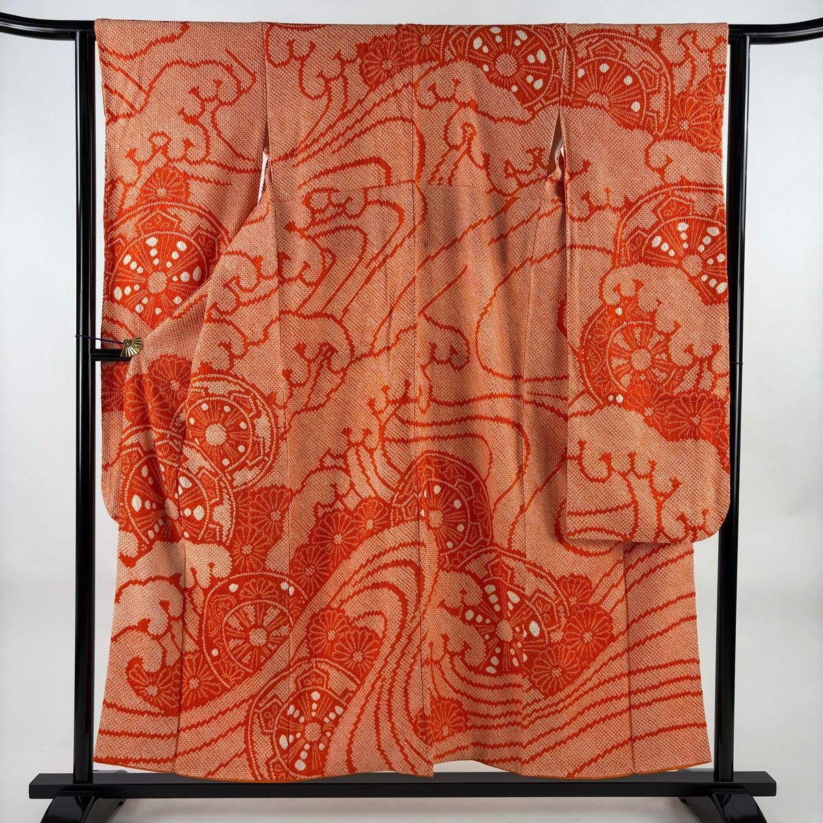 振袖 身丈154.5 cm 裄丈62.5 S 袷 源氏車 波頭 絞り オレンジ 正絹 秀品
