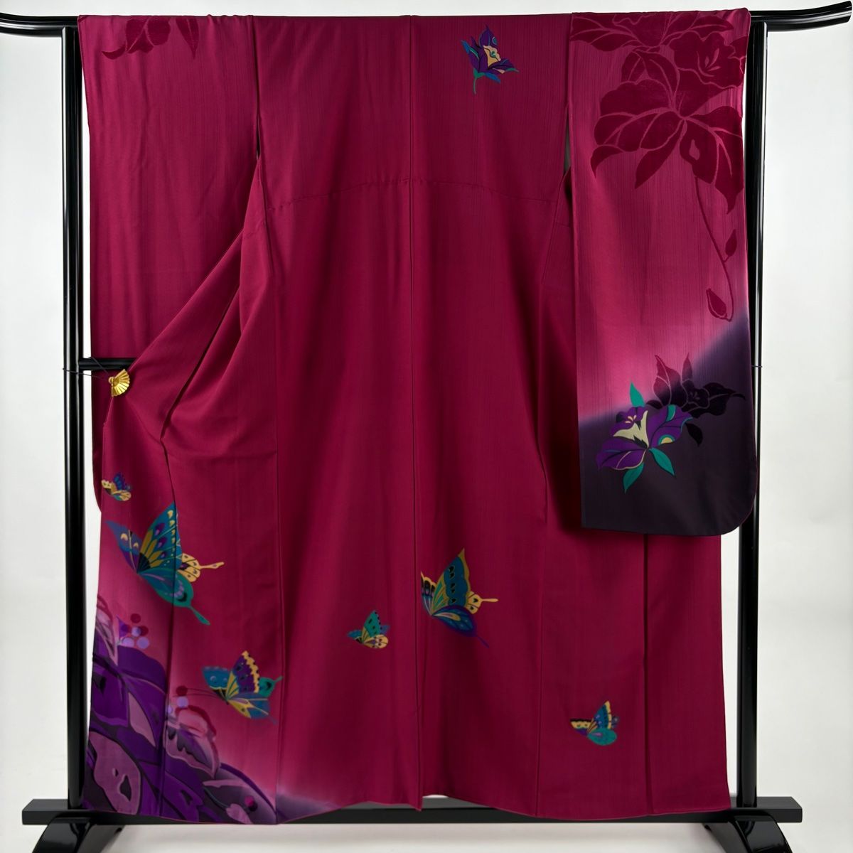 振袖 身丈157.5 cm 裄丈65 M 袷 蝶 葉と実 金彩 ぼかし 赤紫 正絹 秀品