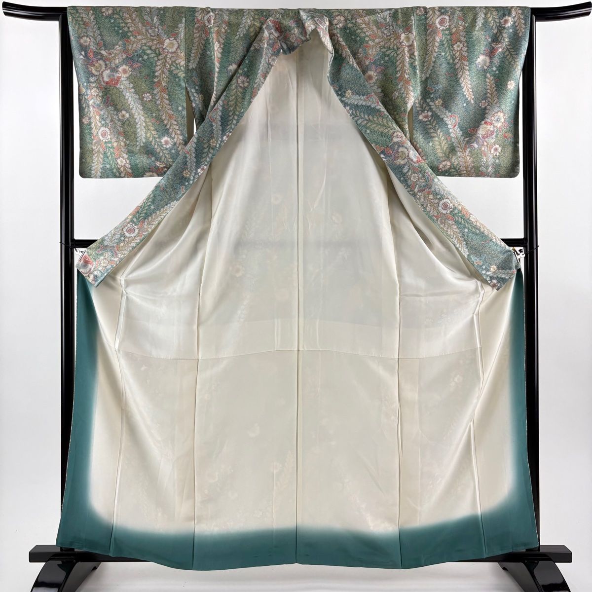  小紋 身丈162 cm 裄丈65 5 M 袷 桜 草花 薄緑 正絹 秀品 小紋 着物