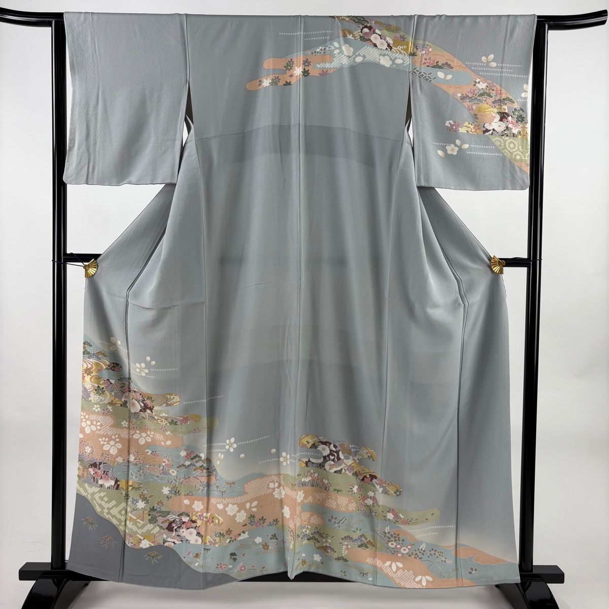 訪問着 身丈158cm 裄丈64.5cm M 袷 霞 松竹梅 金銀彩 ぼかし 青灰色