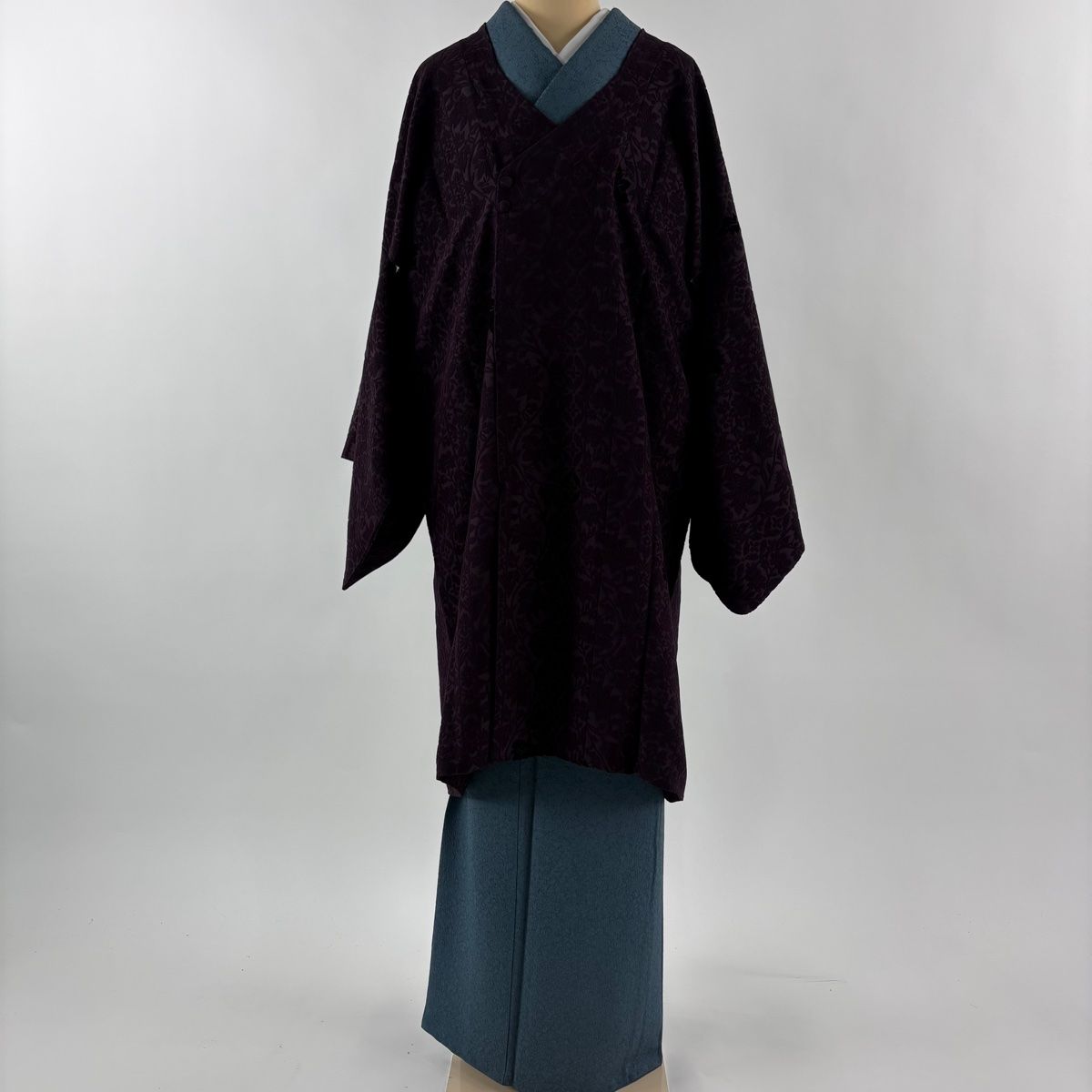 道行 身丈100 cm 裄丈69 L 和装コート 千代田衿 草花 濃紫 正絹 秀品