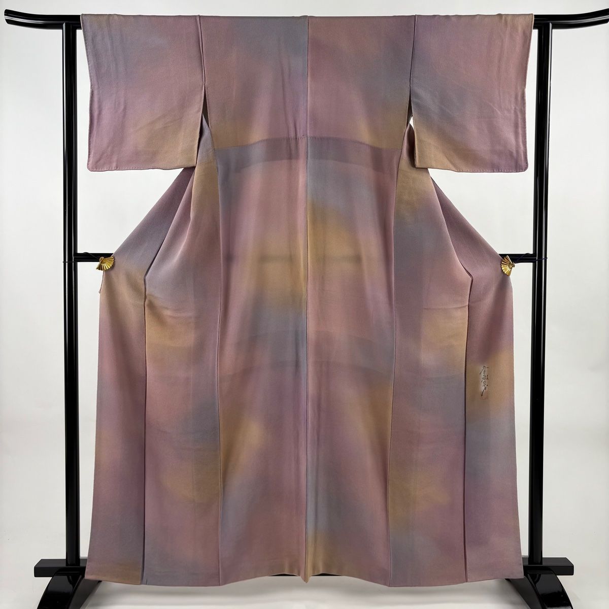 小紋 身丈161 cm 裄丈63 S 袷 斉藤三才 落款 ぼかし柄 縮緬 灰紫 正絹 秀品