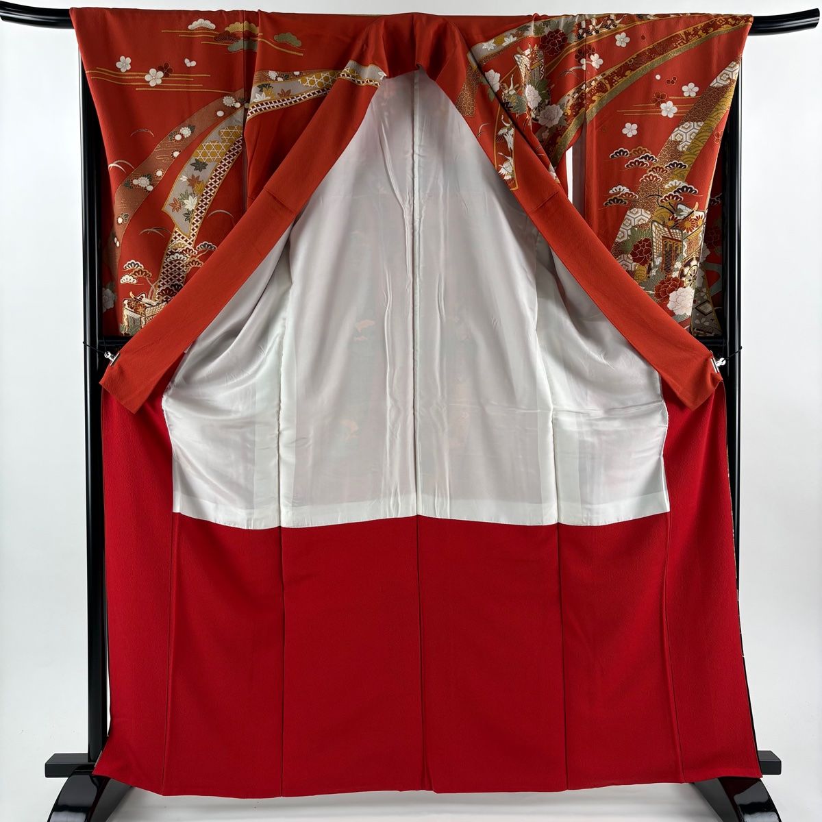 振袖 身丈165cm 裄丈70cm L 袷 熨斗 御所車 金彩 染め分け 朱色 正絹