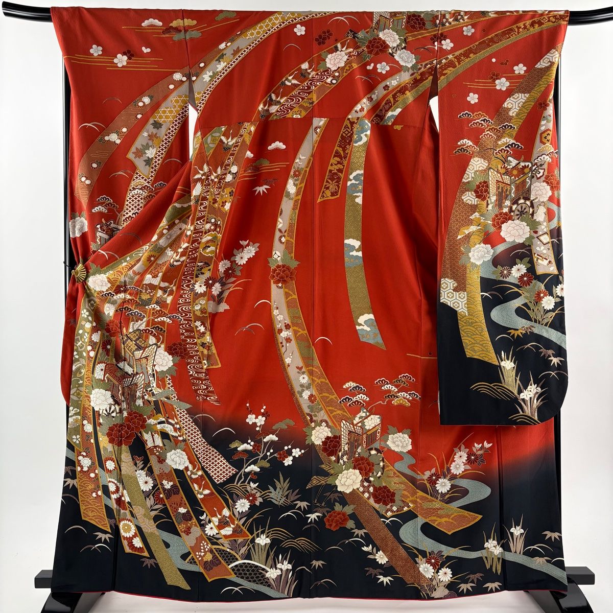 振袖 身丈165cm 裄丈70cm L 袷 熨斗 御所車 金彩 染め分け 朱色 正絹