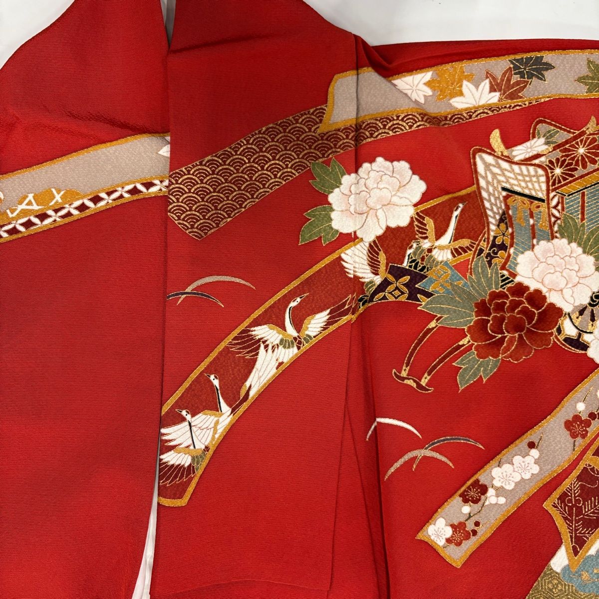  振袖 身丈165 cm 裄丈70 L 袷 熨斗 御所車 金彩 染め分け 朱色 正絹 秀品 振袖 着物