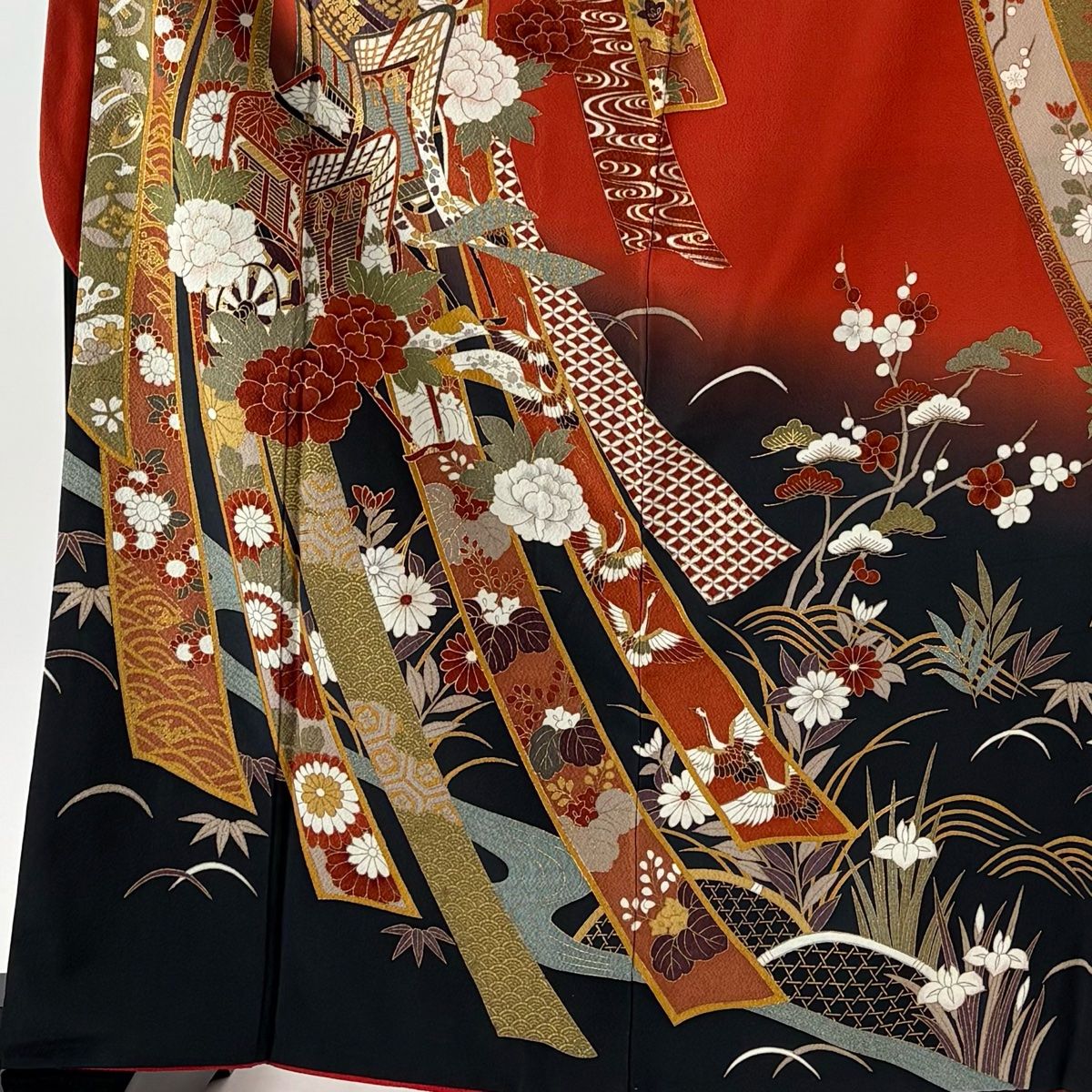 振袖 身丈165cm 裄丈70cm L 袷 熨斗 御所車 金彩 染め分け 朱色 正絹