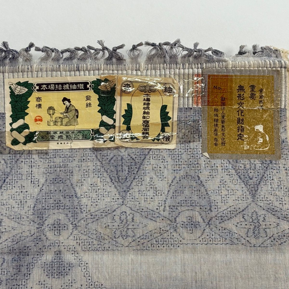  反物 本場結城紬 証紙有り 草花 亀甲絣 青灰色 正絹 その他 着物反物