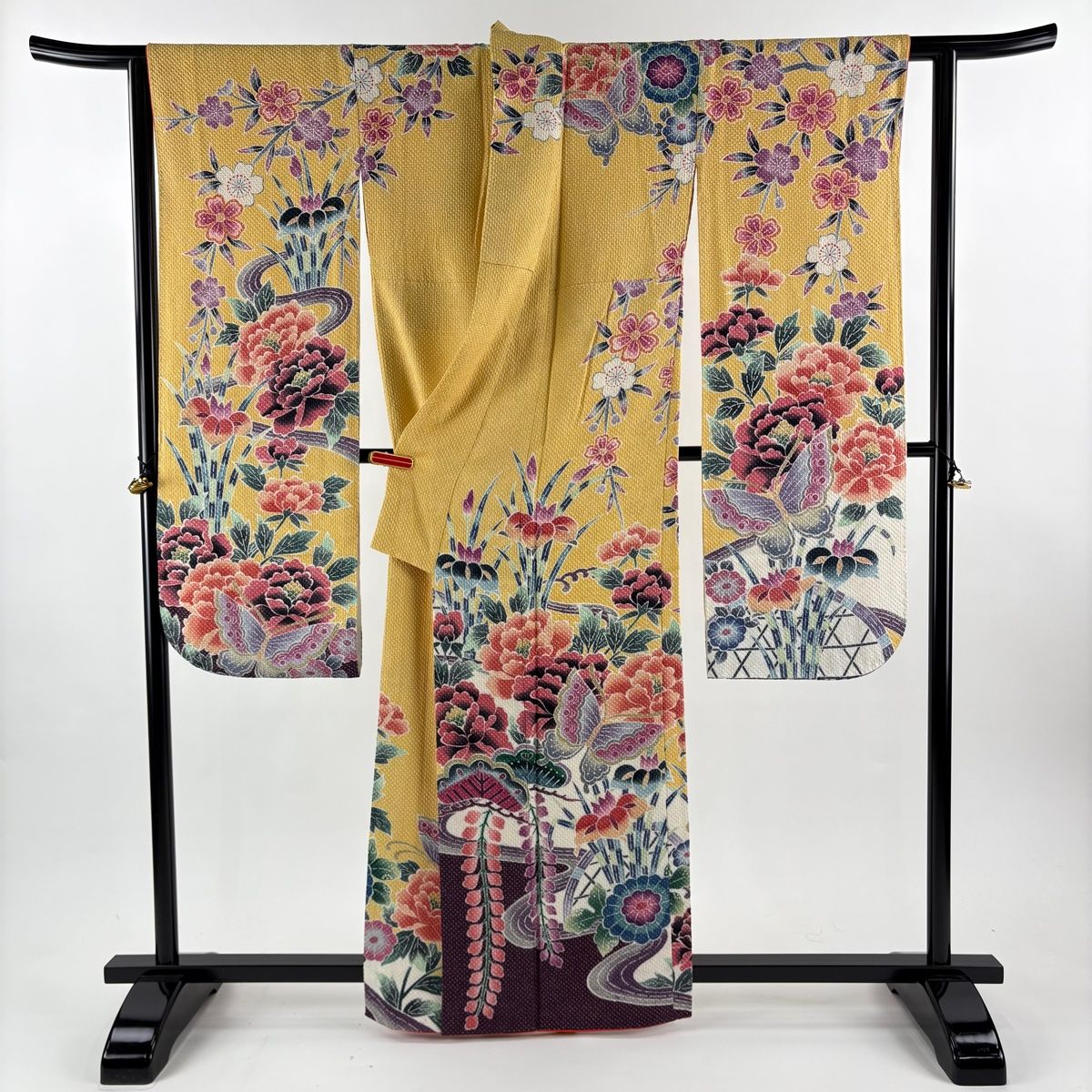 美品】 振袖 身丈163.5cm 裄丈65cm M 袷 藤娘きぬたや 落款 草花 蝶
