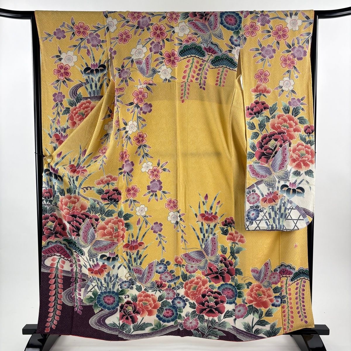 美品】 振袖 身丈163.5cm 裄丈65cm M 袷 藤娘きぬたや 落款 草花 蝶