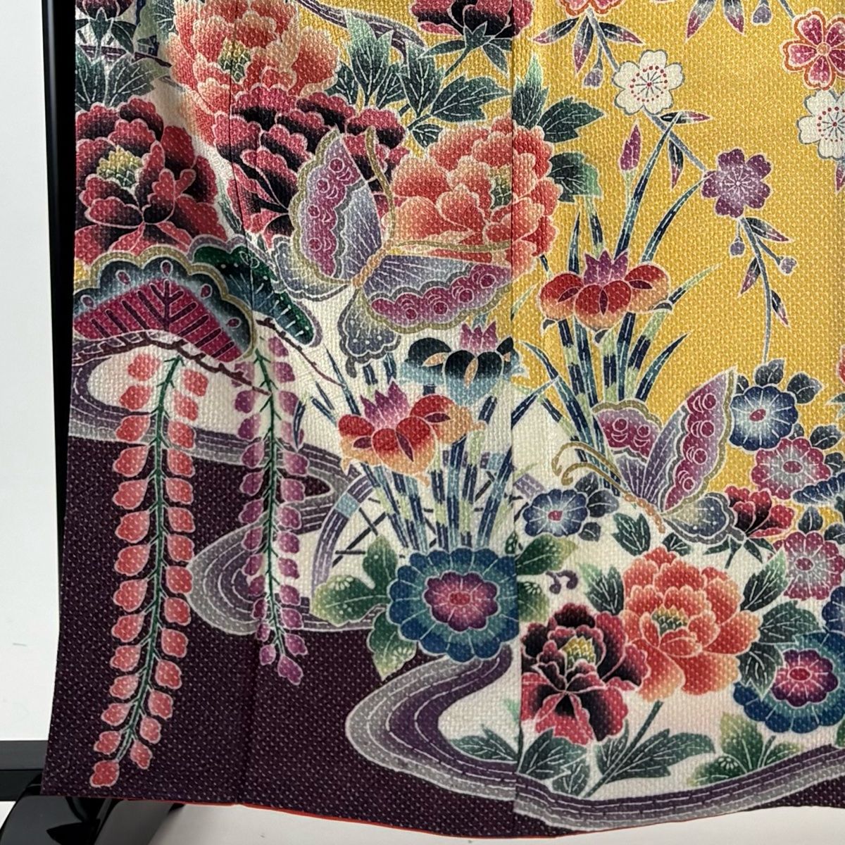 振袖 身丈163.5 cm 裄丈65 M 袷 藤娘きぬたや 落款 草花 蝶 絞り 黄色 正絹