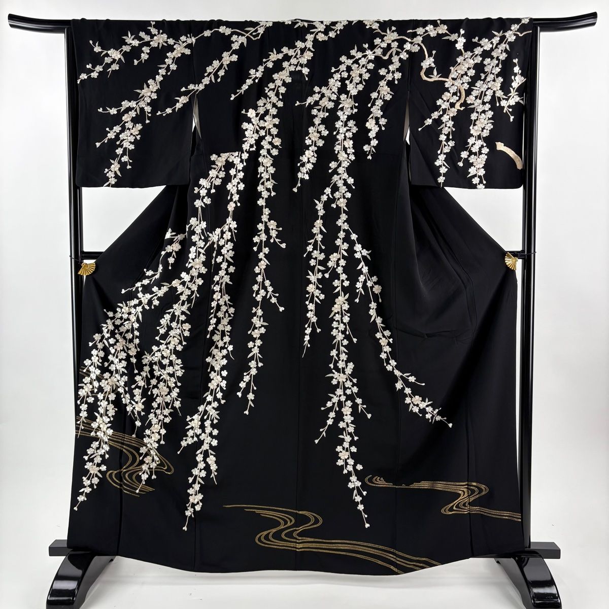 訪問着 身丈164cm 裄丈65cm M 袷 枝垂れ桜 流水 金糸 刺繍 黒 正絹