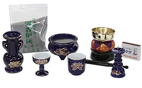 仏具セット 瑠璃色 金蓮 ルリ 陶器 5点 おりんセット 香炉灰 マッチ付 モダ
