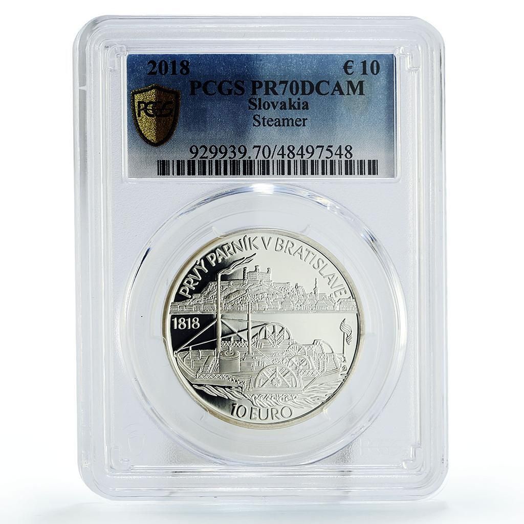 スロバキア 10ユーロ ドナウ川最初の蒸気船 PR 70 PCGS 銀貨 2018年