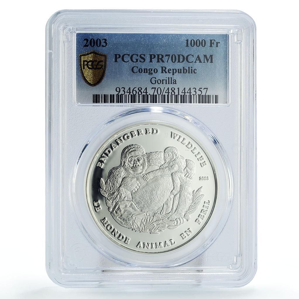 コンゴ 1000フラン 保護野生動物 ゴリラ 動物相 PR 70 PCGS 銀貨 2003年