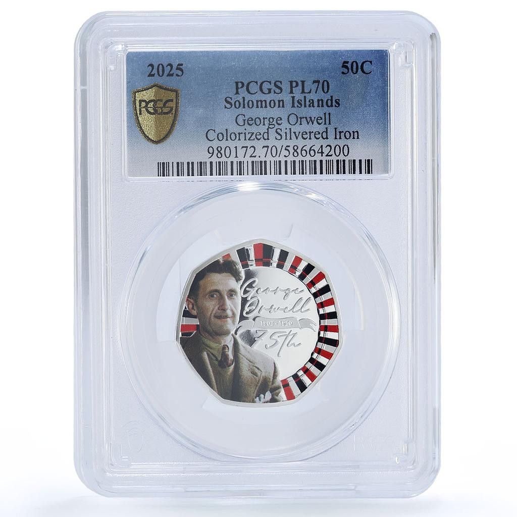 ソロモン諸島 50セント オーウェル文学 PL 70 PCGS 銀メッキ鉄貨