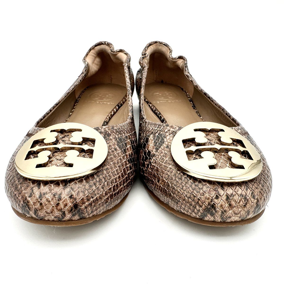 Tory Burch フラットシューズ 本革 ゴールドロゴ パイソン柄 ブラウン