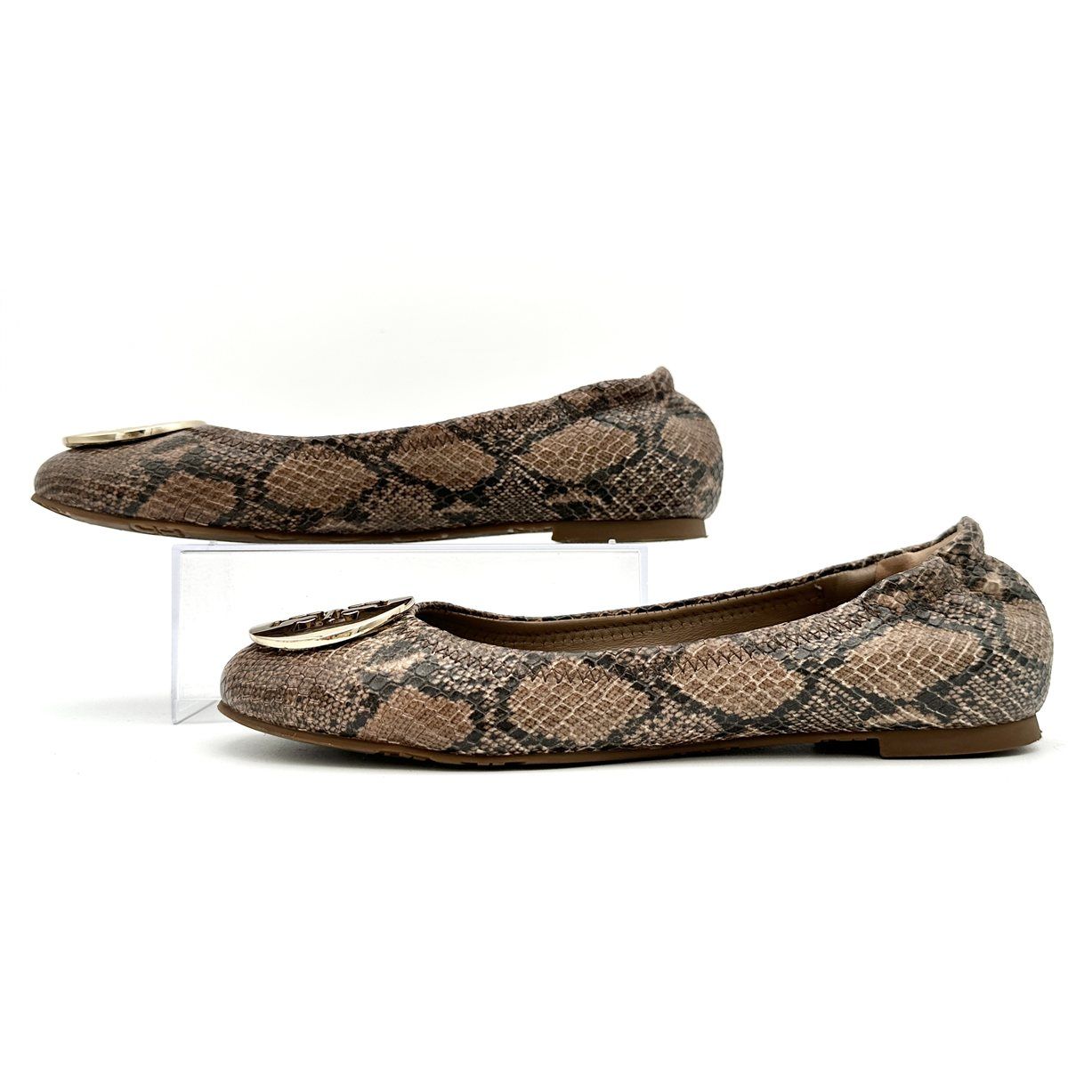Tory Burch フラットシューズ 本革 ゴールドロゴ パイソン柄 ブラウン