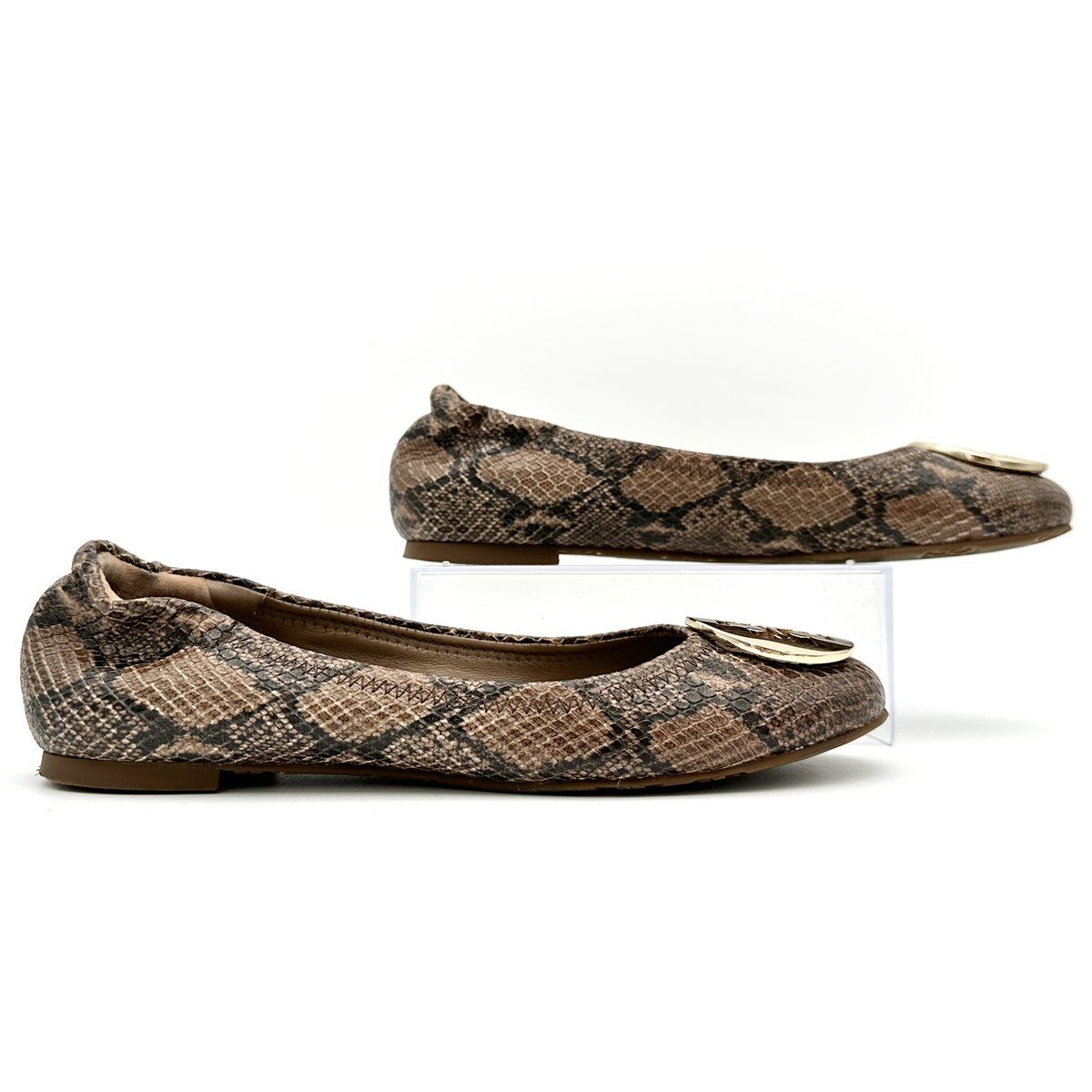 Tory Burch フラットシューズ 本革 ゴールドロゴ パイソン柄 ブラウン