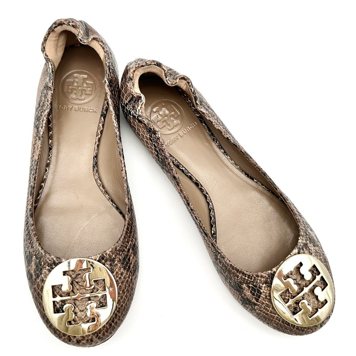 Tory Burch フラットシューズ 本革 ゴールドロゴ パイソン柄 ブラウン